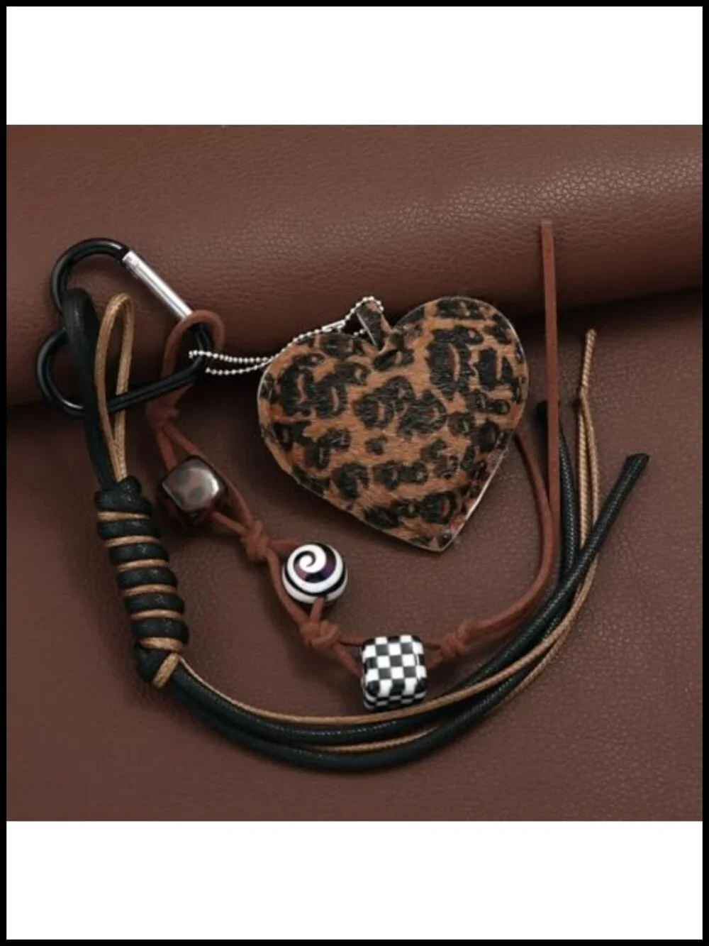 Leather Leopard Heart Purse Charm, Rope Keychain, Handbag Decoration